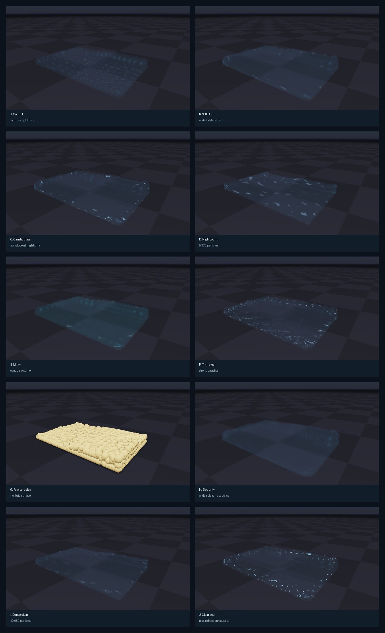 Contact sheet showing ten Newton fluid rendering variants