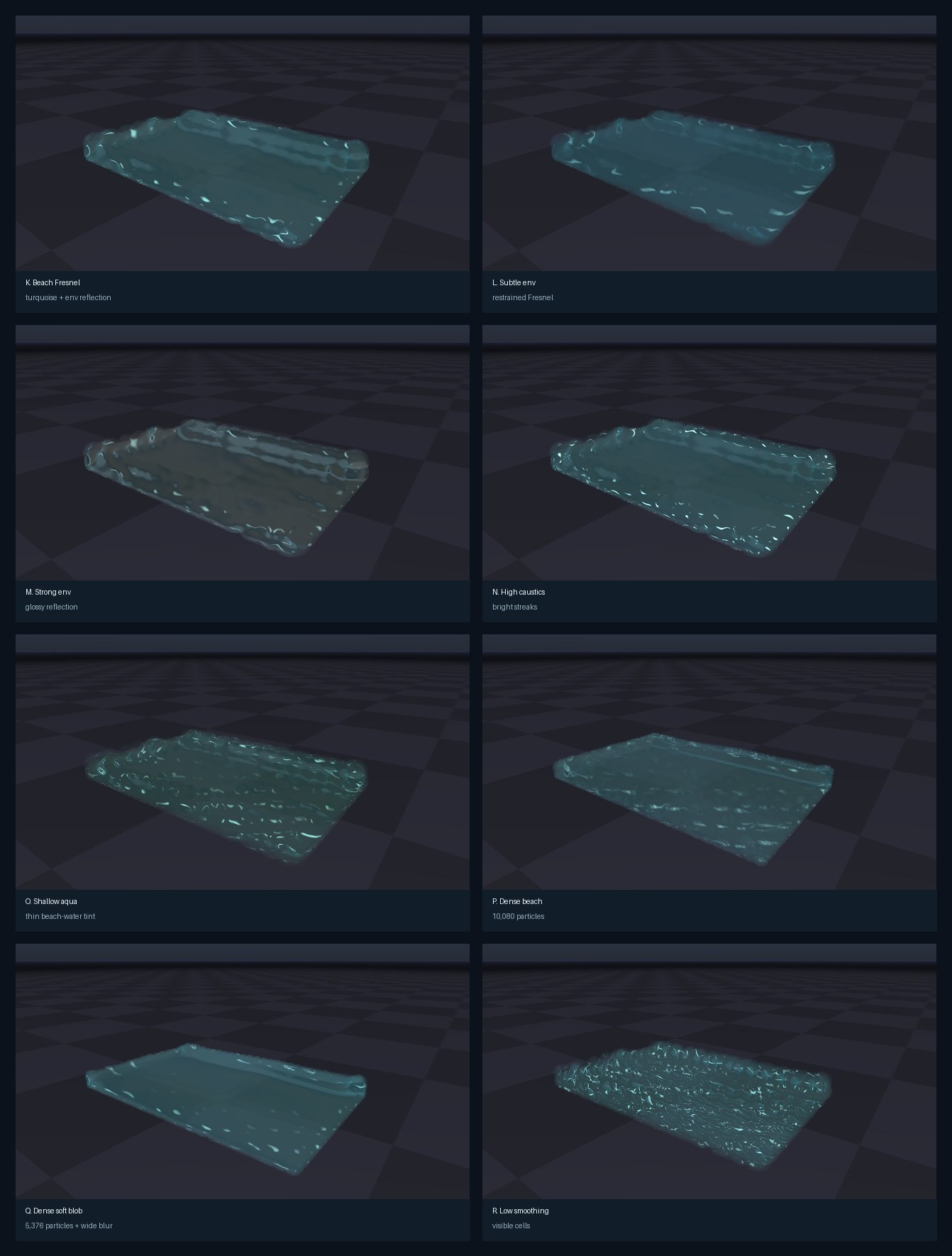 Contact sheet showing eight Newton beach-water environment-map variants