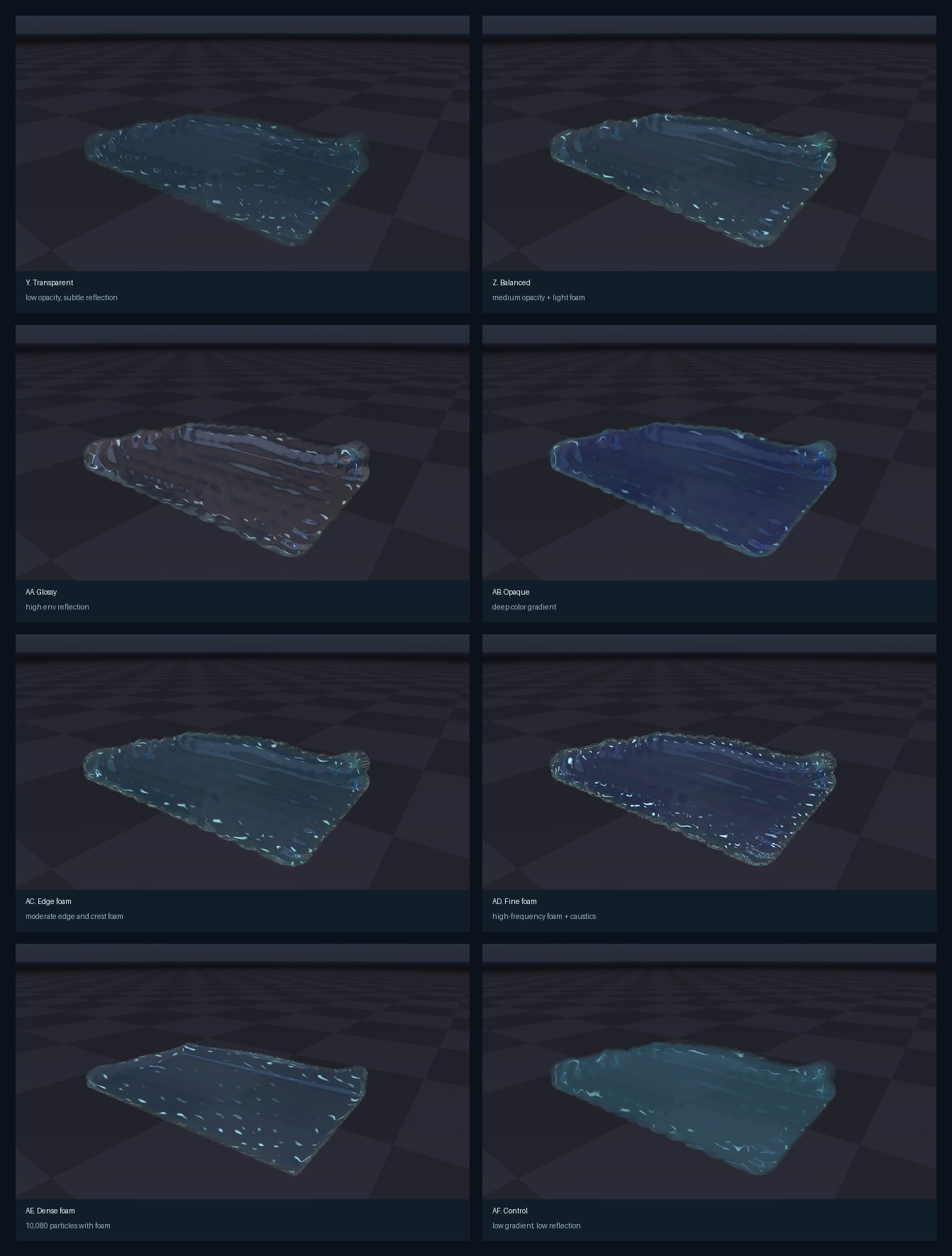Contact sheet showing translucency, reflection, gradient, and foam Newton fluid variants