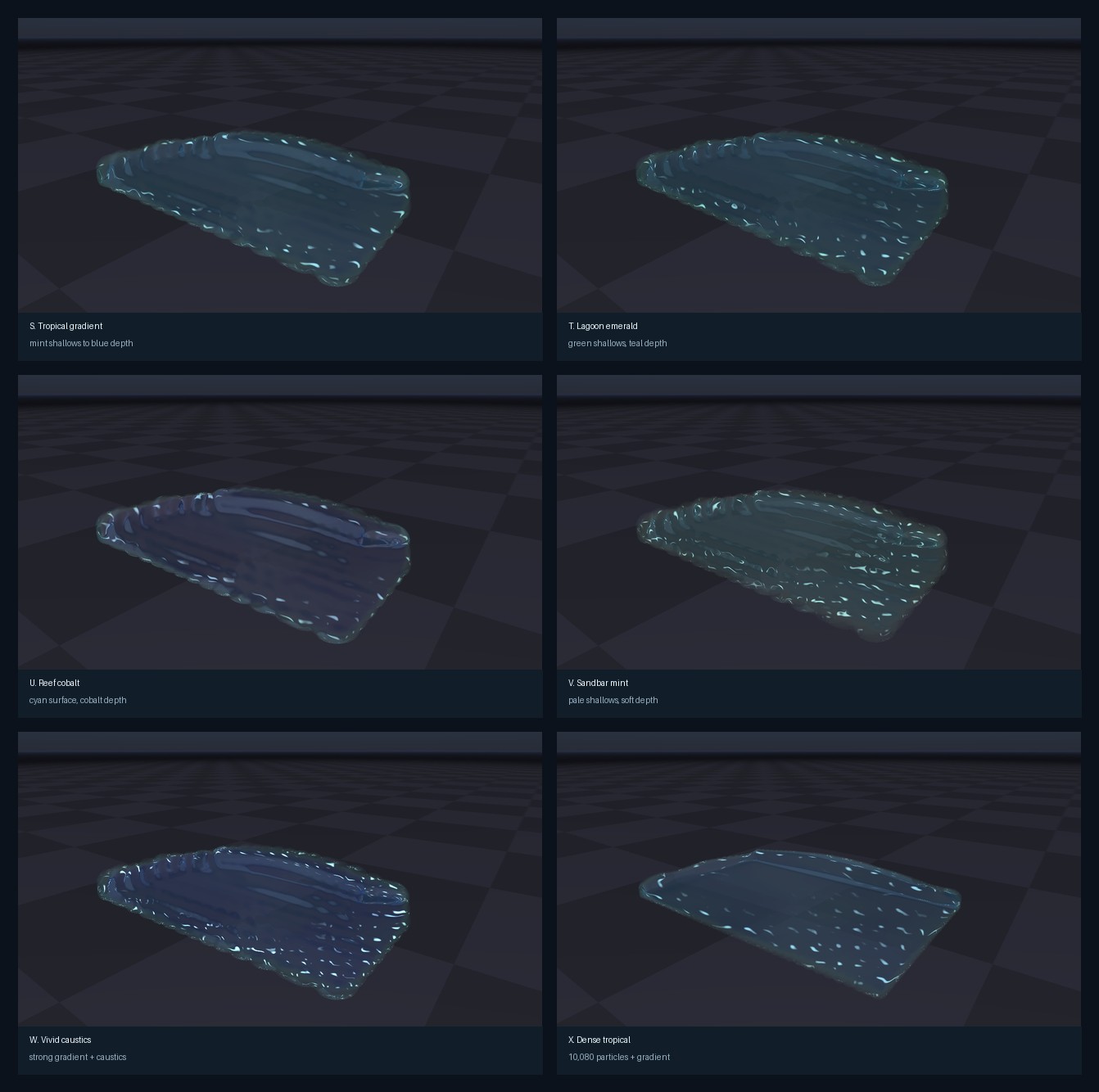 Contact sheet showing six high-quality tropical gradient Newton fluid renders